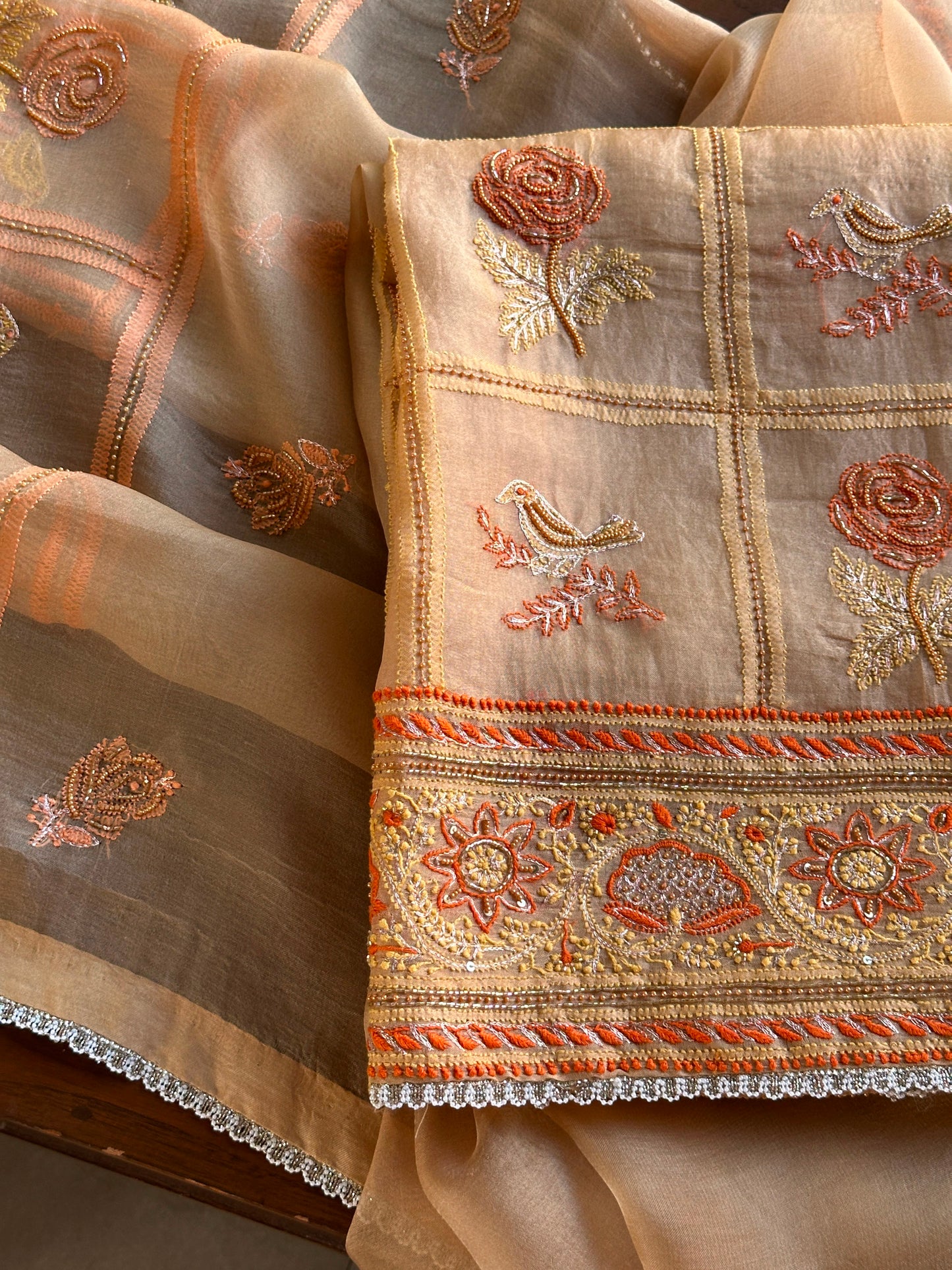 Dark Beige Organza Banarasi Silk Chikankari Unstitched Kurta Dupatta Set