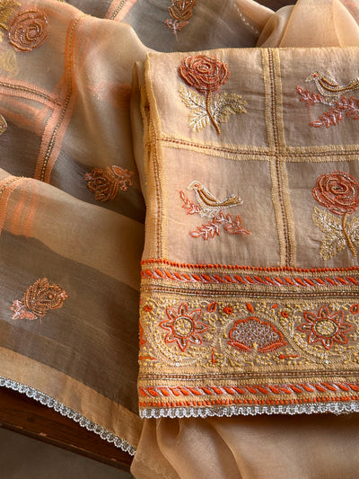 Dark Beige Organza Banarasi Silk Chikankari Unstitched Kurta Dupatta Set