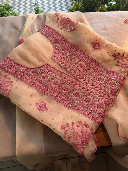 Beige Red Noor Organza Silk Chikankari Unstitched Kurta Dupatta Set