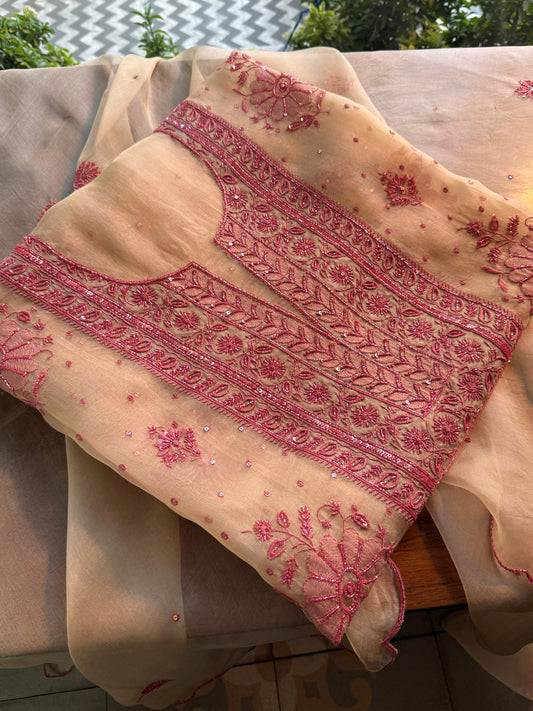 Beige Red Noor Organza Silk Chikankari Unstitched Kurta Dupatta Set