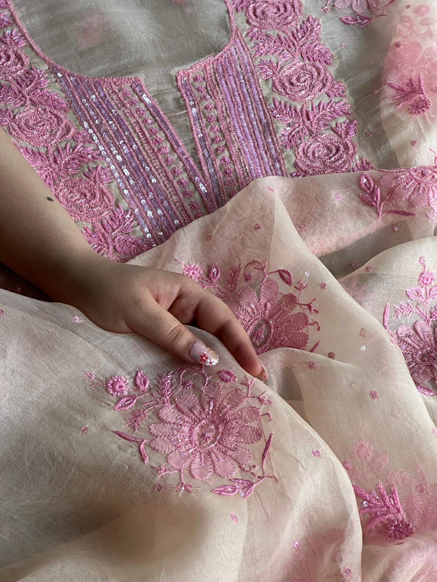 Ivory Shade Noor Organza Silk Chikankari Unstitched Kurta Dupatta Set