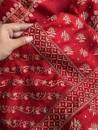 Deep Red Shade Moonga Silk Chikankari Unstitched Fabric