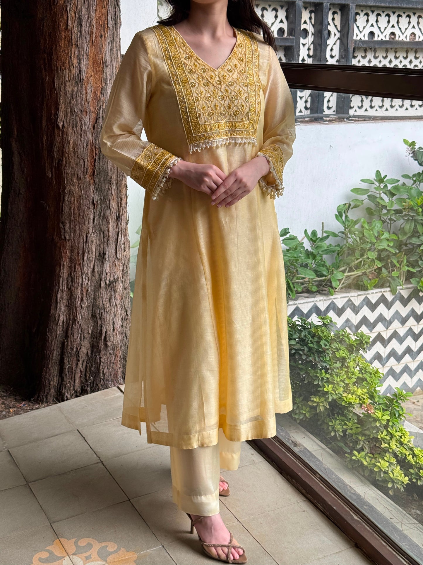 Butter Yellow Maheshwari Chikankari Kalidar Kurta Set