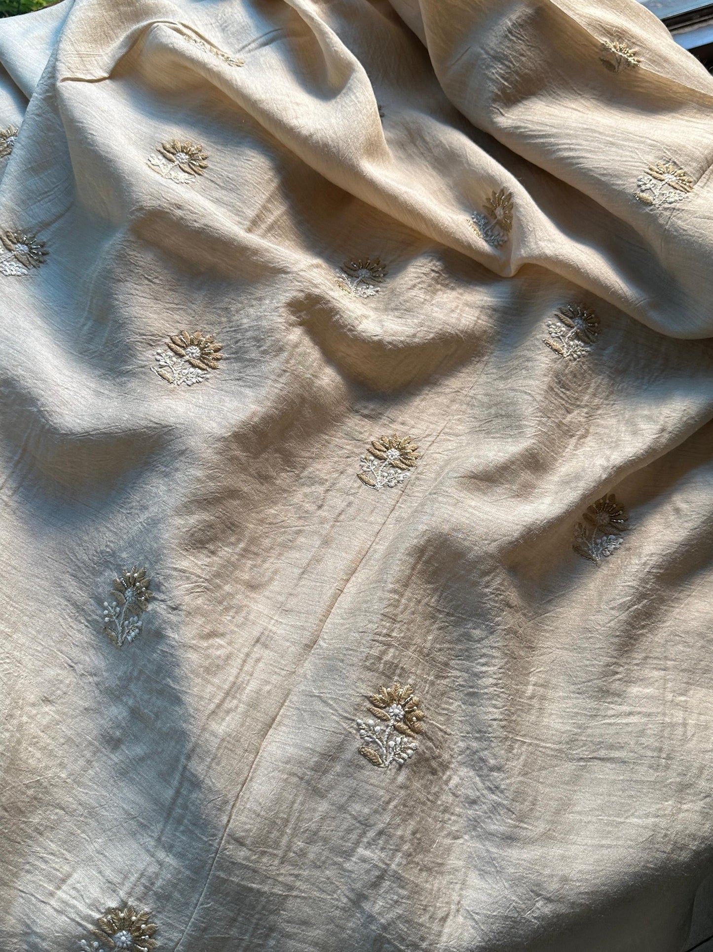 Natural Moonga Silk Chikankari Unstitched Fabric
