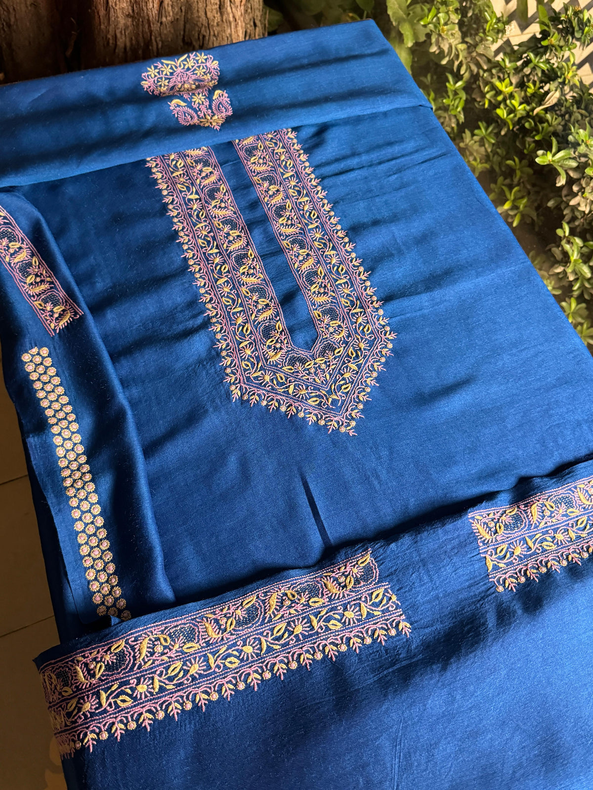 Royal Blue Shade Moonga Silk Chikankari Men’s Kurta Fabric