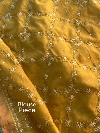 Mustard Yellow Shade Chanderi Chikankari Saree
