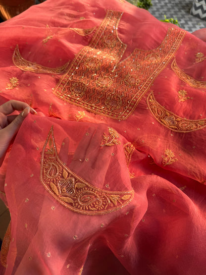 Peach Shade Noor Organza Silk Chikankari Unstitched Fabric