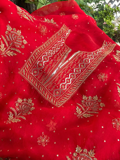Red Noor Organza Silk Chikankari Unstitched Kurta Dupatta Set
