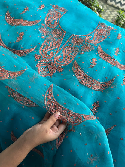 Peacock Blue Noor Organza Silk Chikankari Unstitched Kurta Dupatta Set