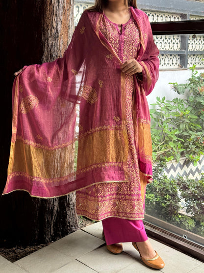 Cranberry Pink Shade Tissue Silk Chikankari Straight Cut Kurta Dupatta Set