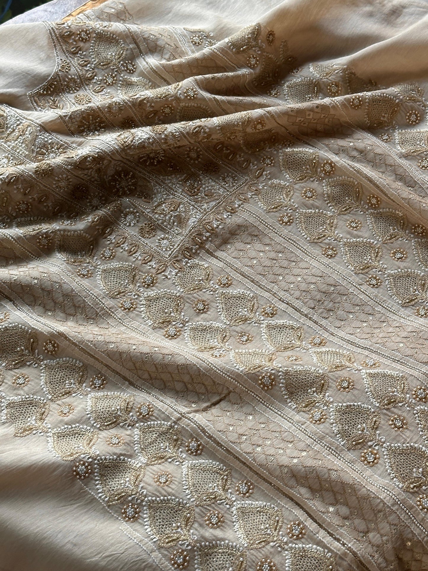 Natural Moonga Silk Chikankari Unstitched Fabric
