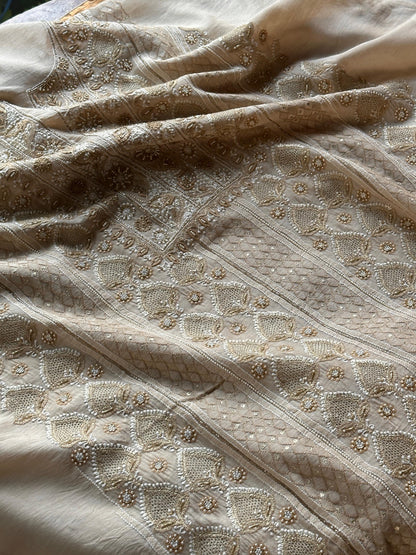 Natural Moonga Silk Chikankari Unstitched Fabric