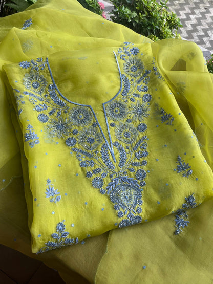 Lime Green & Grey Noor Organza Silk Chikankari Unstitched Fabric