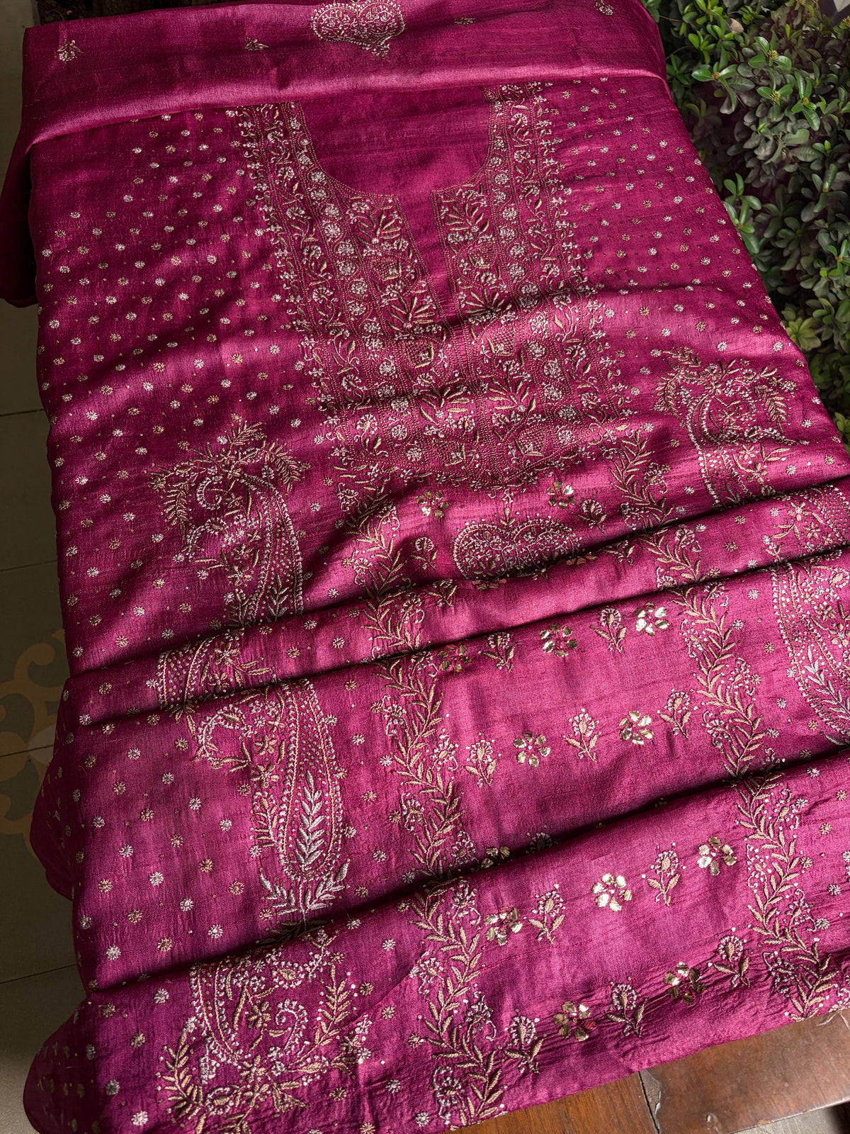 Plum Shade Roheen Tussar Silk Chikankari Fabric