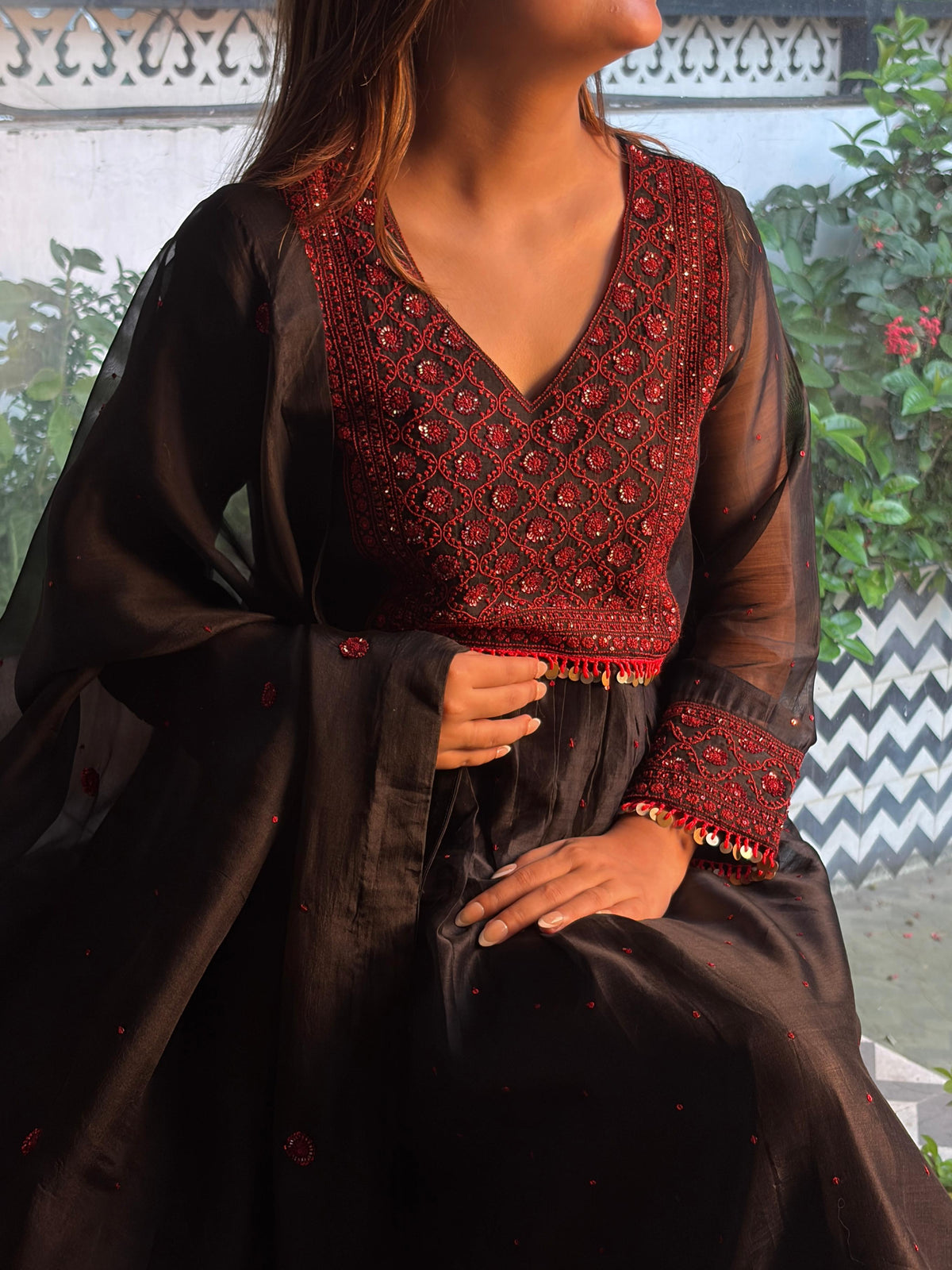 Black Sico (Silk Cotton) Chikankari Tux Kurta Set