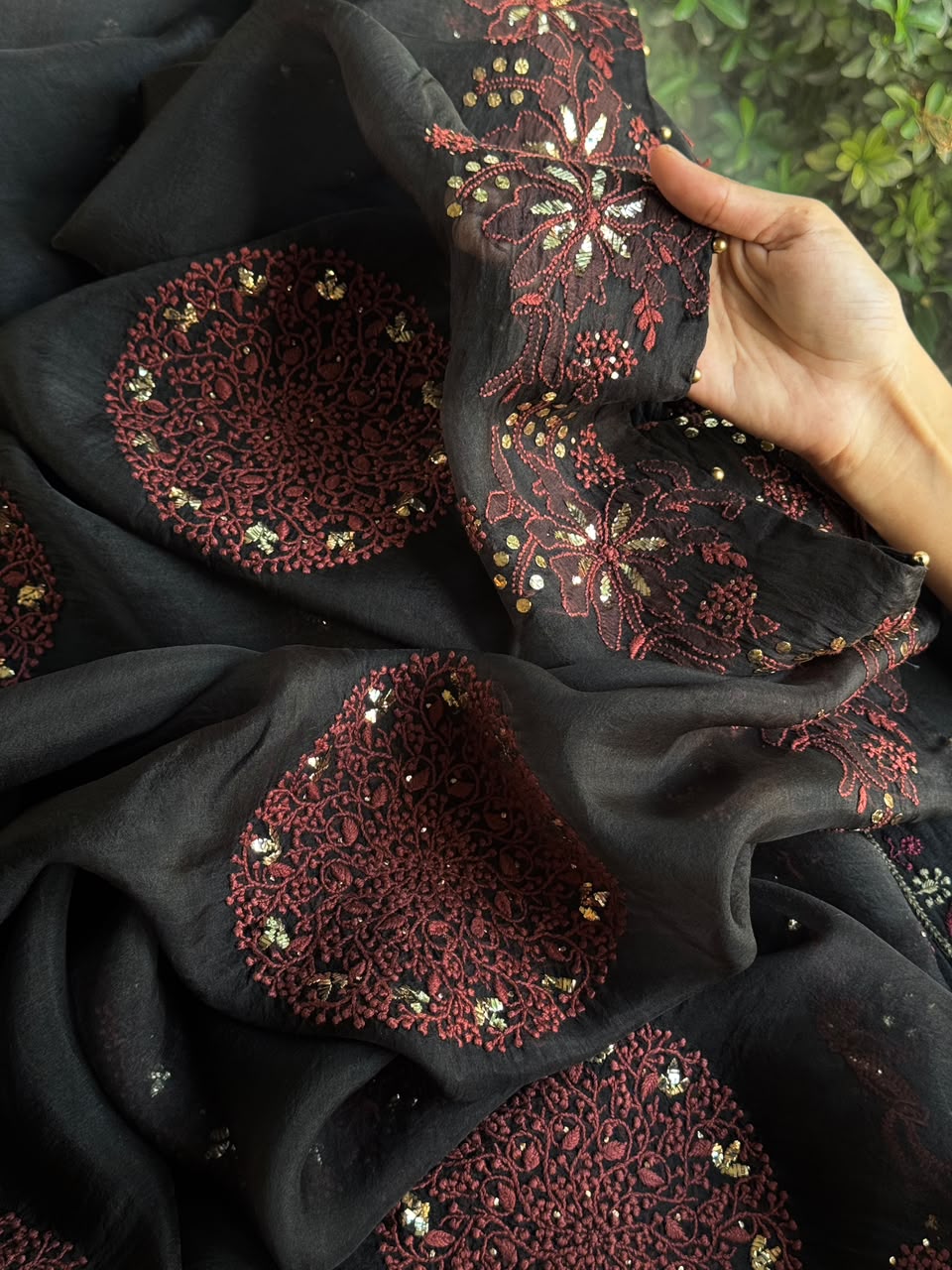 Black & Rust Red Shade Coral Motif Fine Chikankari Organza Mukaish Dupatta