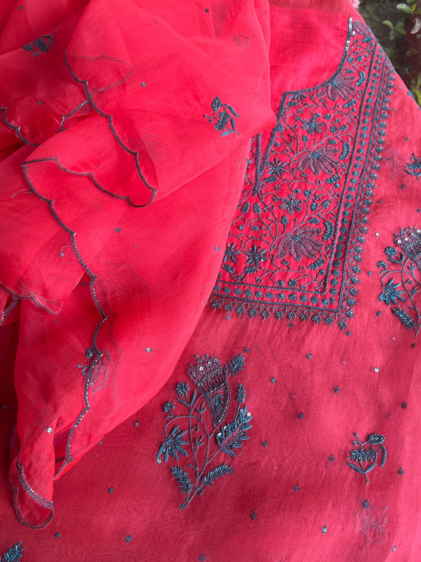 Watermelon Red Shade Noor Organza Silk Chikankari Unstitched Kurta Dupatta Set