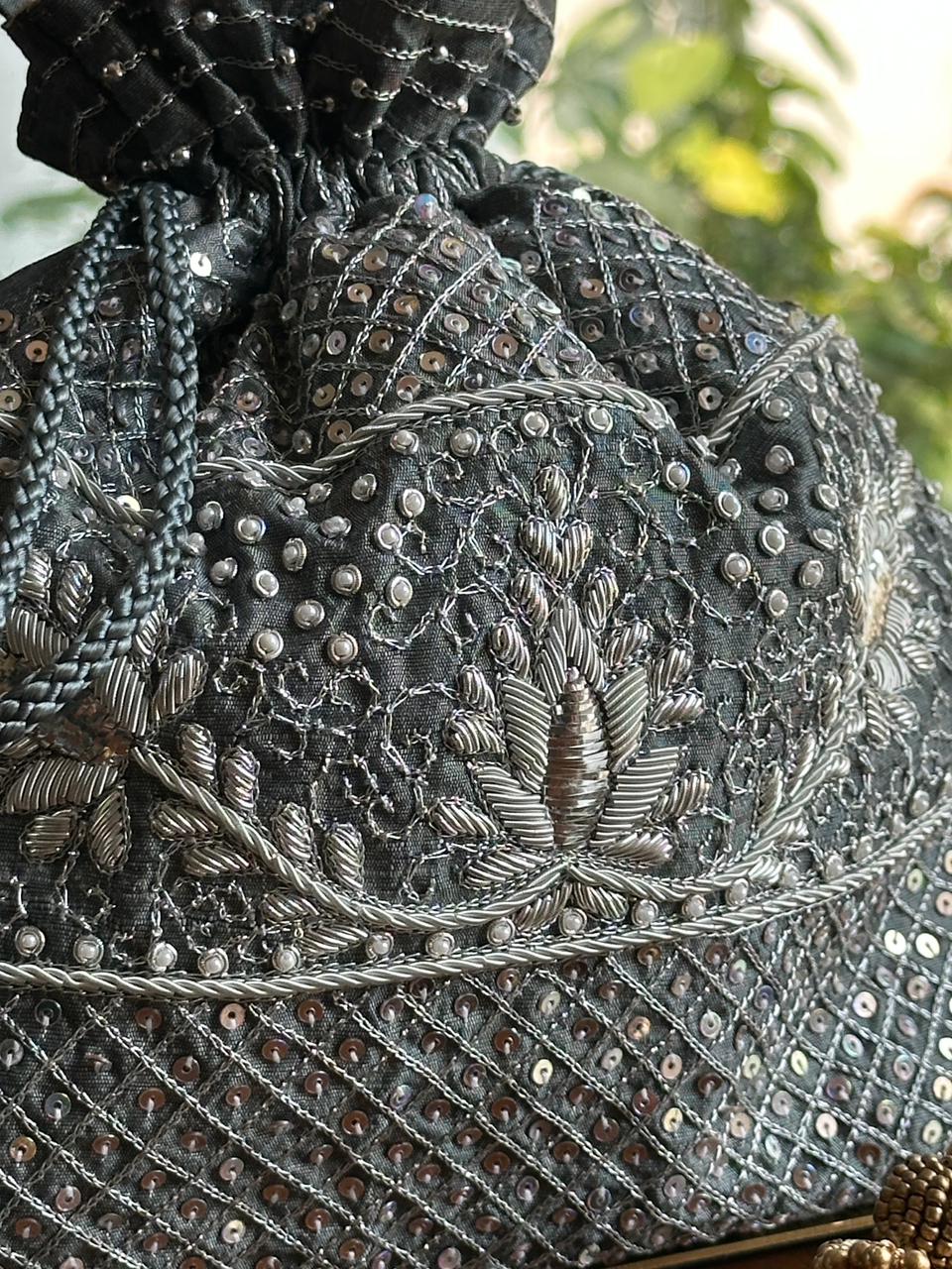 Grey Raw Silk Zardosi Polti Bags