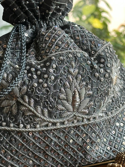 Grey Raw Silk Zardosi Polti Bags
