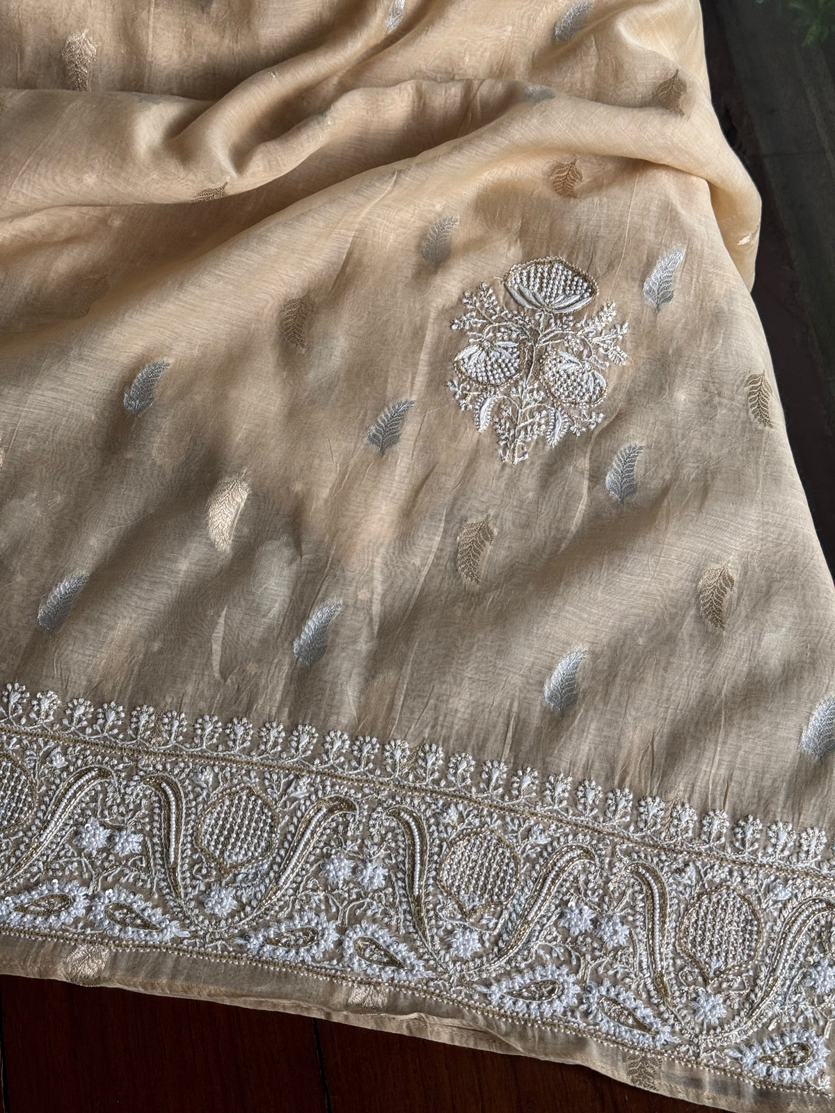 Beige Shade Banarasi Zari Chanderi Unstitched Chikankari Fabric
