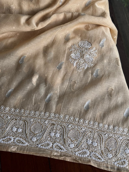 Beige Shade Banarasi Zari Chanderi Unstitched Chikankari Fabric