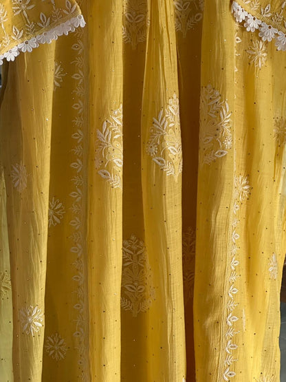 Yellow Mal Mukaish Kamdani Chikankari Kurta Dupatta Set