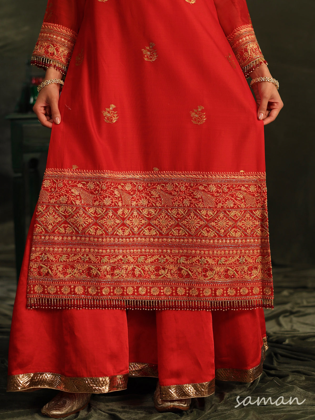 Red Katan Zari Chanderi Chikankari Kurta with Organza Dupatta & Sharara