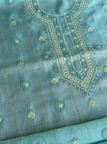 Aqua Green Shade Tissue Zari Kota Chikankari Unstitched Fabric