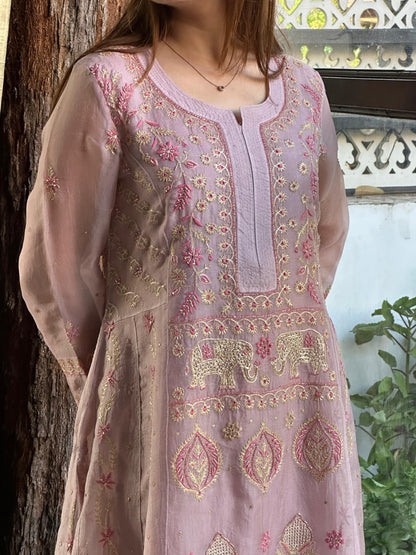Mauve Pink Shade Noor Organza Chikankari A Line Kurta With Dupatta