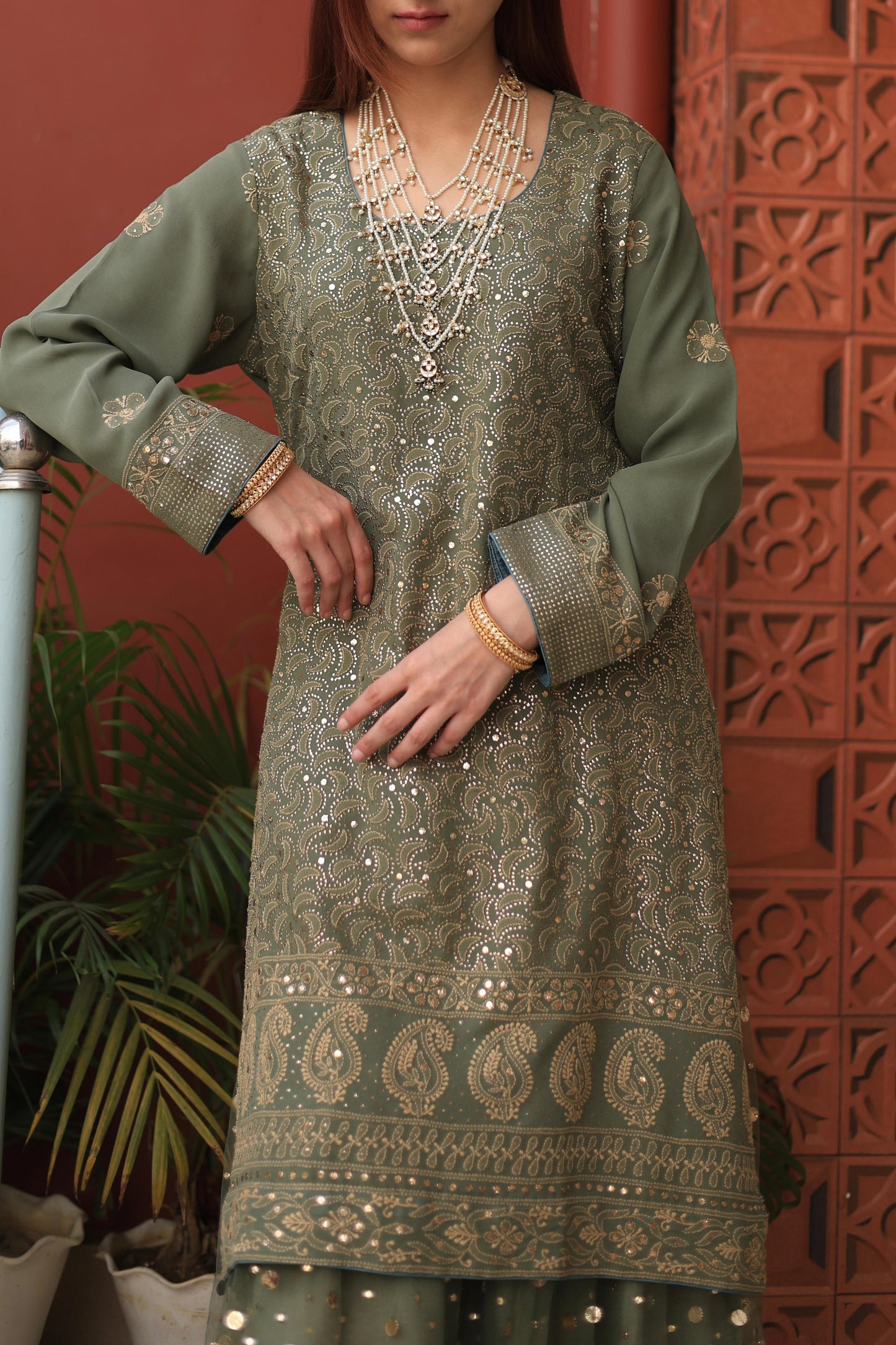 Mehndi Green Chikankari Pure Georgette Kurta Gharara Set with Kalamkari Dupatta