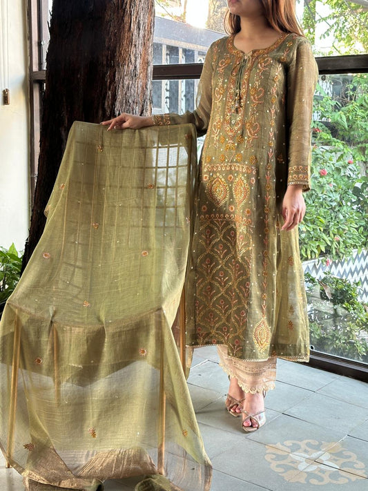 Green Shade Tissue Silk Chikankari Anarkali With Ari Work