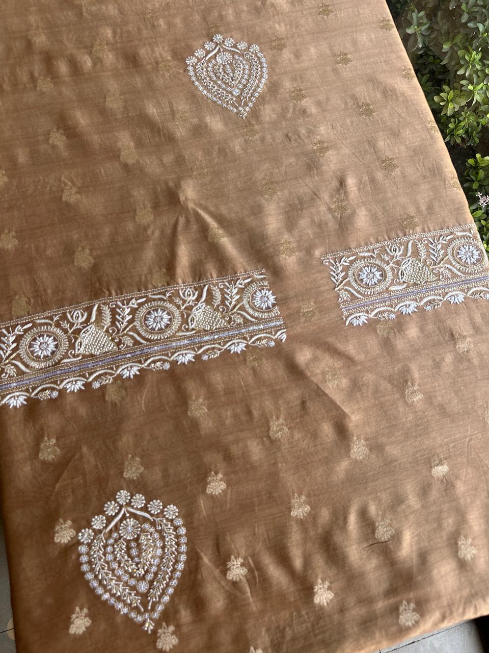 Tobacco Brown Shade Banarasi Zari Chanderi Unstitched Chikankari Fabric