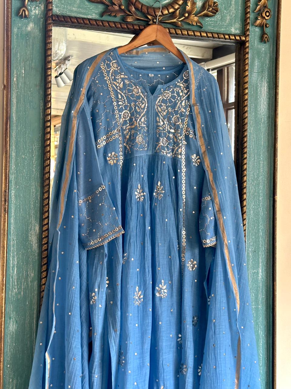 Powder Blue Shade Mukaish Mul Chanderi Silk Dress