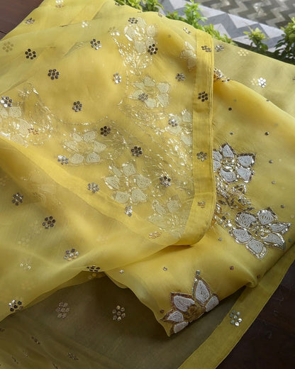 Yellow Noor Organza Silk Mukaish Pearl Chikankari Unstitched Fabric