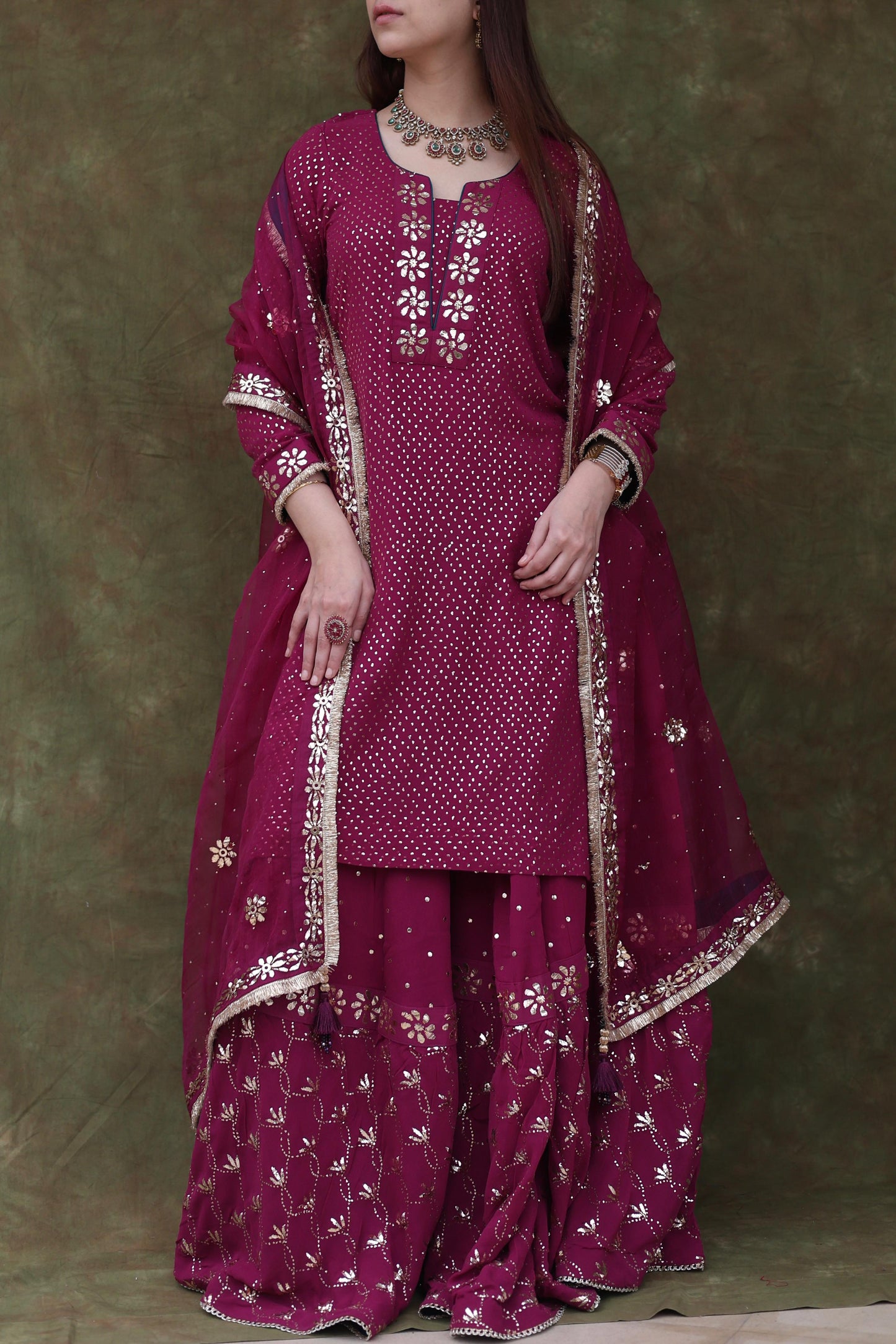 Mukaish Kamdani Plum shade Pure Georgette Kurta Gharara Set with Organza Dupatta