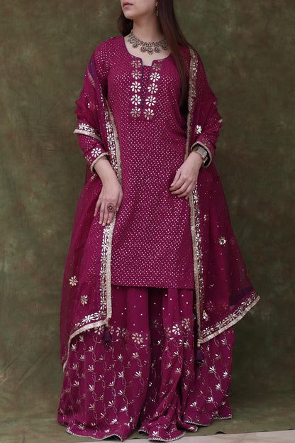 Mukaish Kamdani Plum shade Pure Georgette Kurta Gharara Set with Organza Dupatta