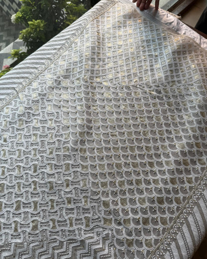 White Noor Benarasi Organza Silk Chikankari Unstitched Kurta Dupatta Set