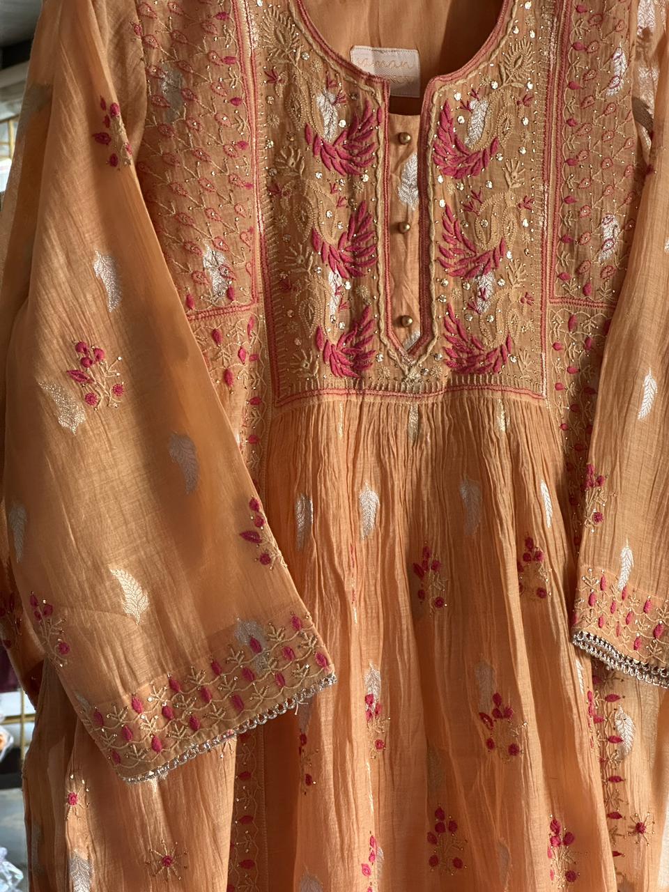 Orange Peach Shade Zari Chanderi Chikankari Ready to Wear Tunics