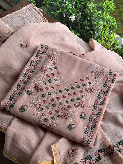 Beige Multi Mul Chanderi Silk Kalamkari Unstitched Kurta Dupatta Set