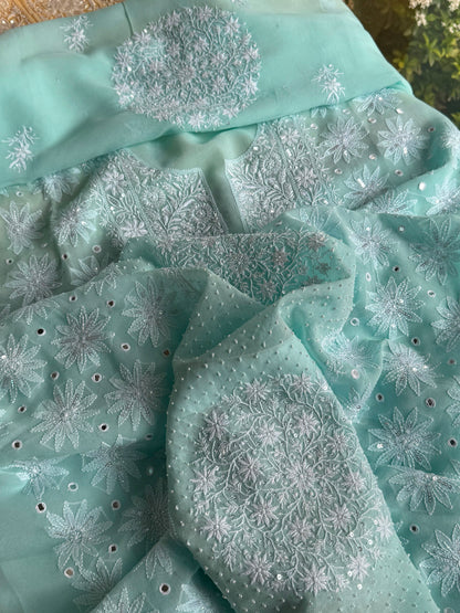Aqua Green shade Georgette Mirror Work Chikankari Kurta Dupatta Set