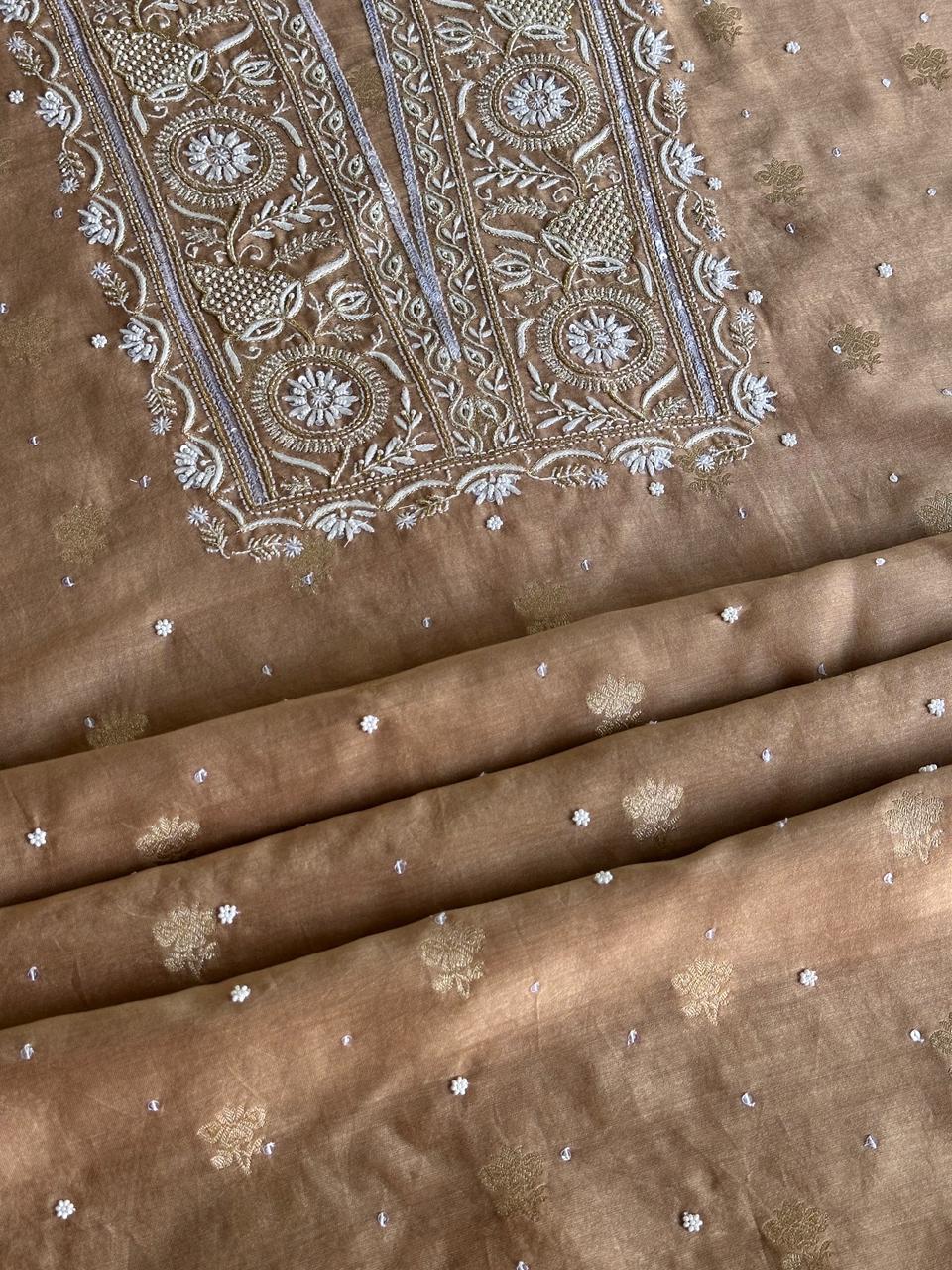 Tobacco Brown Shade Banarasi Zari Chanderi Unstitched Chikankari Fabric