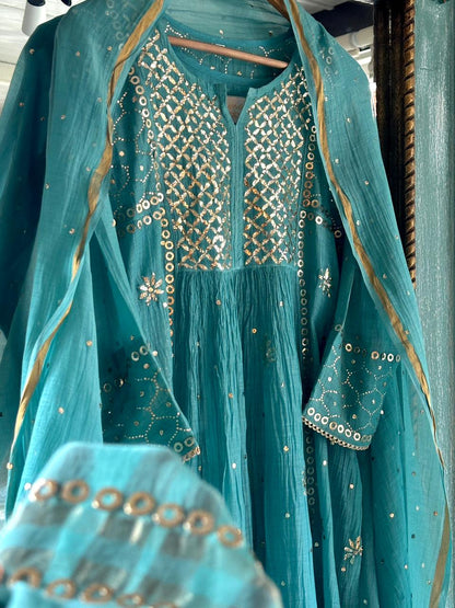 Sea Green Shade Mukaish Mul Chanderi Silk Dress