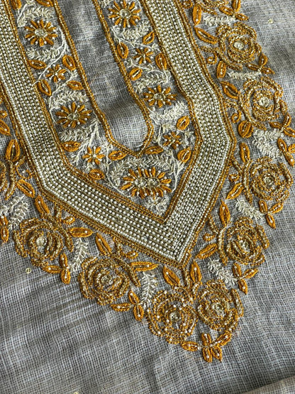 Grey & Mustard Shade Tissue Kota Chikankari Unstitched Fabric