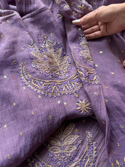 Lilac Purple Shade Tissue Silk Bhopali Kurta Dupatta Set
