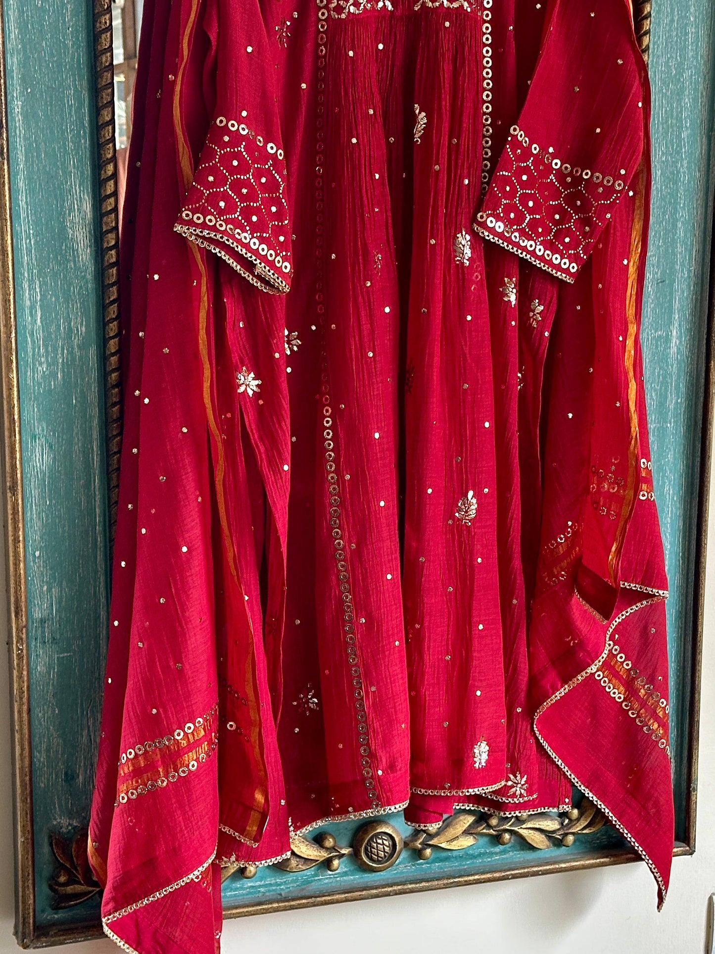 Cherry Red Shade Mukaish Mul Chanderi Silk Dress