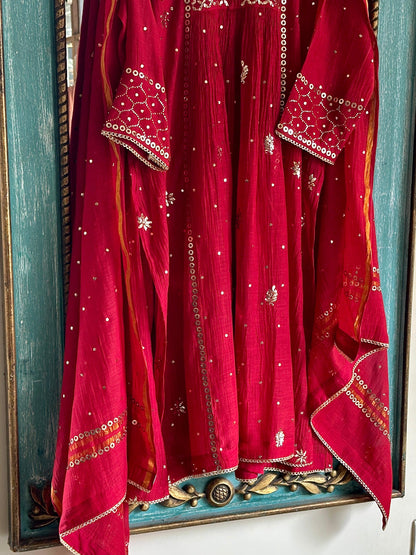 Cherry Red Shade Mukaish Mul Chanderi Silk Dress