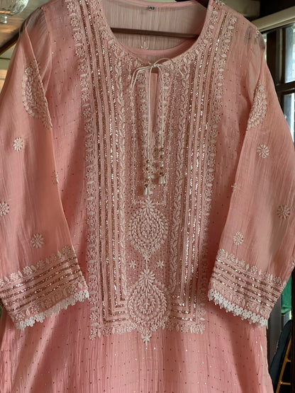 Peach Mal Heavy Chikankari Yoke Kurta Set with Kamdani Mukaish