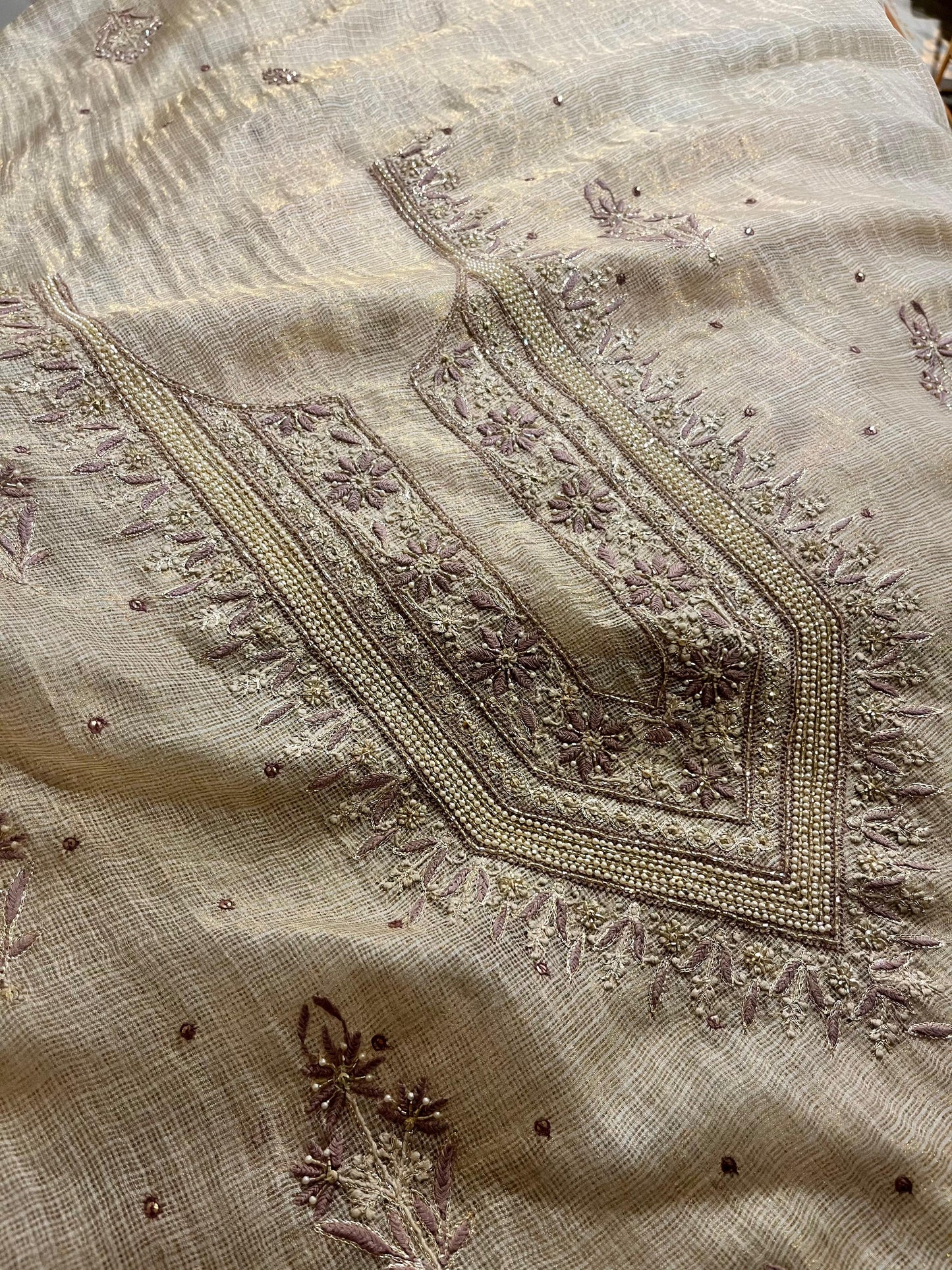 Beige Mauve Tissue Kota Chikankari Unstitched Fabric