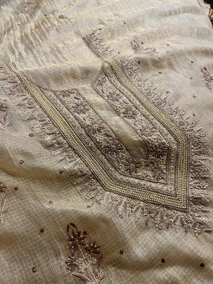 Beige Mauve Tissue Kota Chikankari Unstitched Fabric