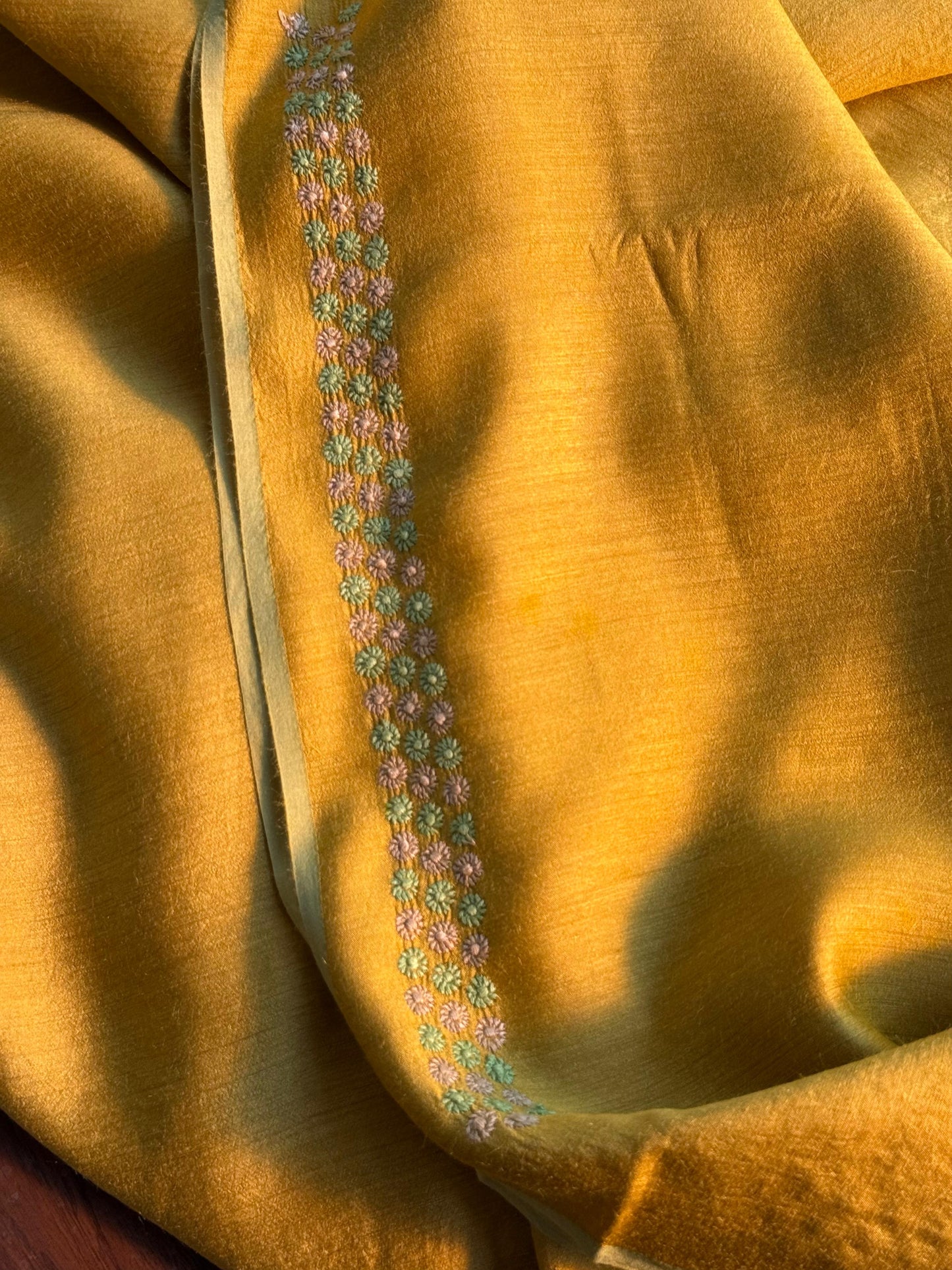 Mustard Yellow Moonga Silk Chikankari Men’s Kurta Fabrics